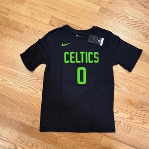 Tatum Celtics shirt. Nike Black Tee with Bright Green Celtics Graphic